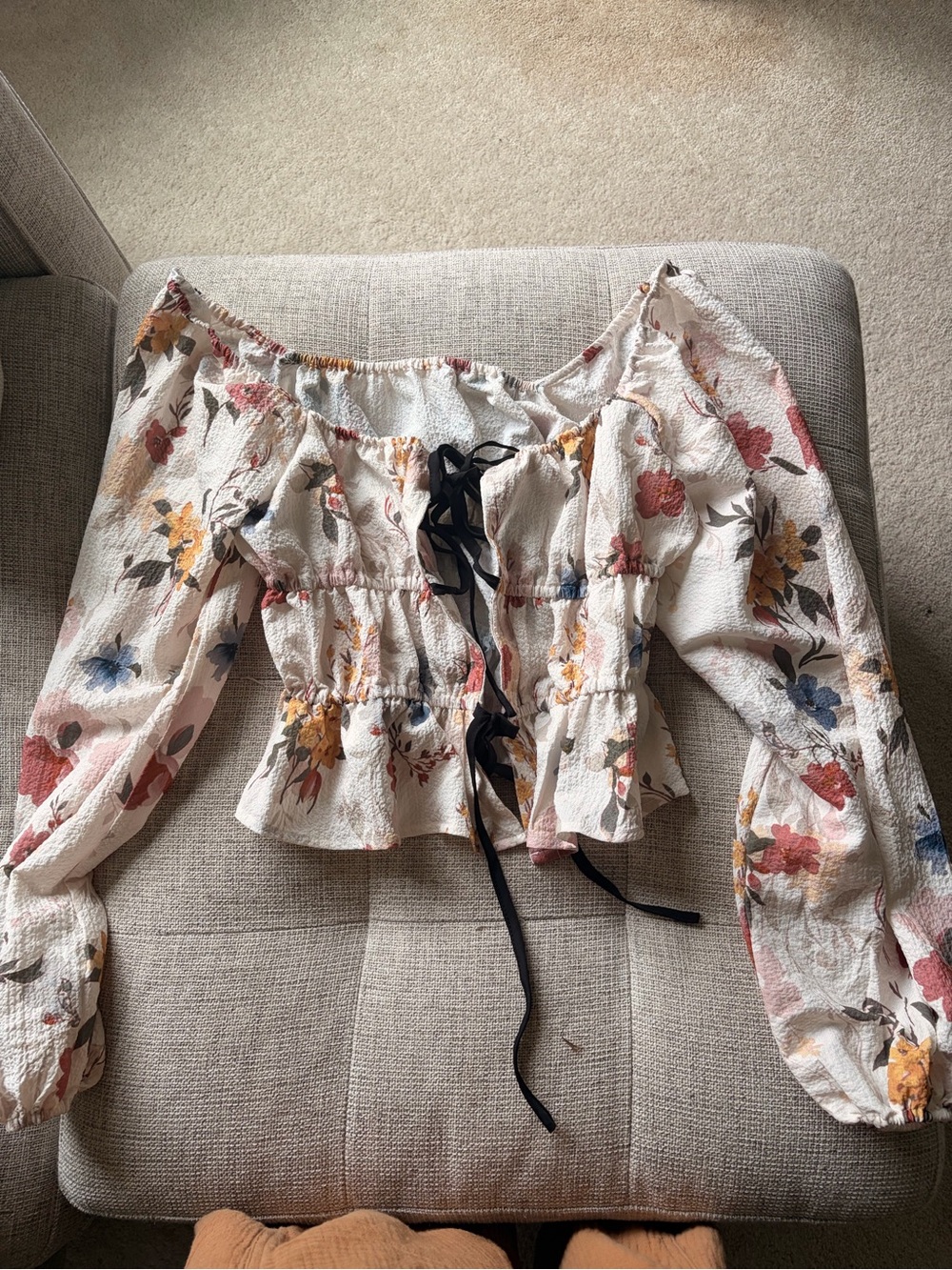 Floral Off-Shoulder Peasant Top with Tie Front - Cream
